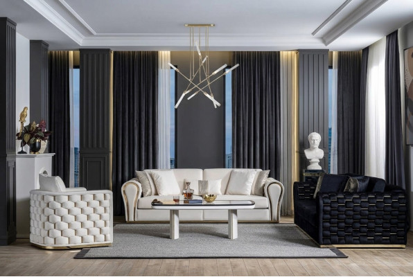 Bleu - Ensemble salon beige Luxe Canapé 3+3+1 Places Design