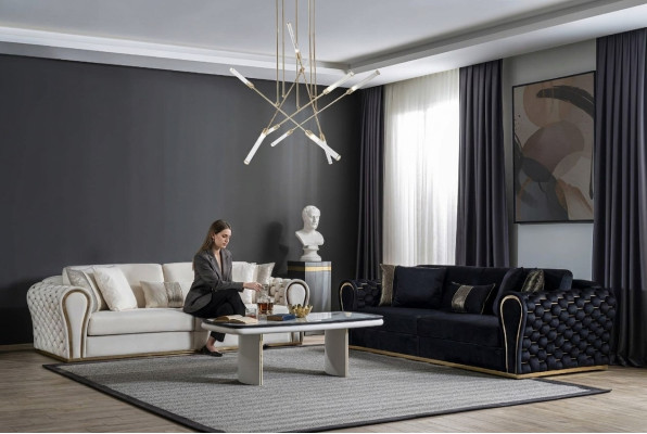 Canapé ensemble noir blanc 3+3 designer seater luxe tapisserie 2x canapés