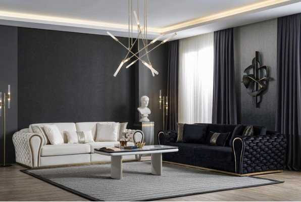 Canapé ensemble noir blanc 3+3 designer seater luxe tapisserie 2x canapés