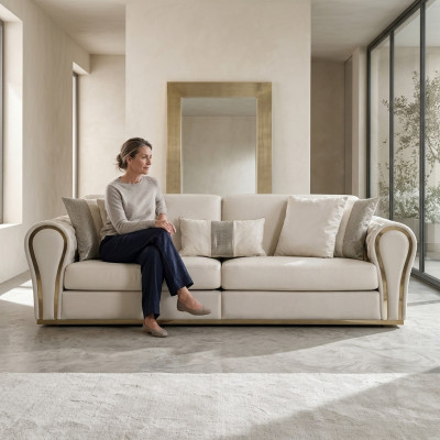 Canapé rembourré de designer blanc trois places, luxueux, mobilier de sièges en textile à trois places.