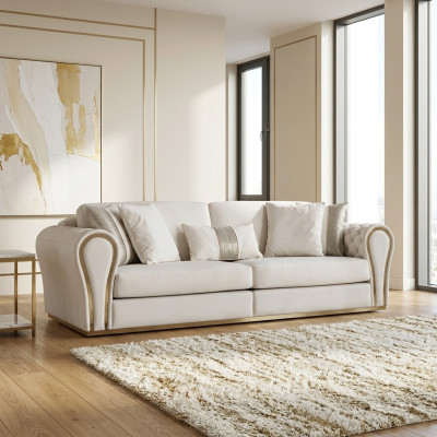 Canapé rembourré de designer blanc trois places, luxueux, mobilier de sièges en textile à trois places.