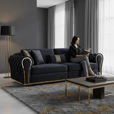 Élégant canapé rembourré de luxe noir 3 places pour le salon