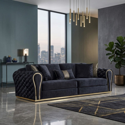 Élégant canapé rembourré de luxe noir 3 places pour le salon