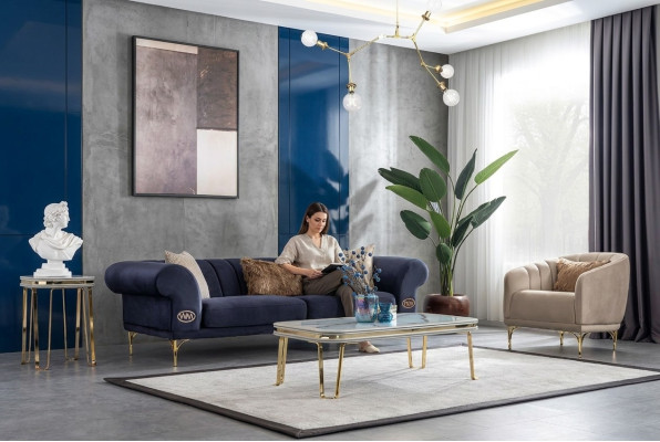 Moderne Canapé Bleu-Beige Ensemble de designer 3+1 places Fauteuil de luxe pour salon