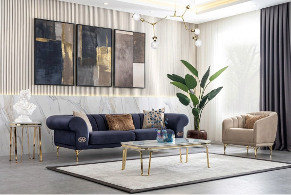 Moderne Canapé Bleu-Beige Ensemble de designer 3+1 places Fauteuil de luxe pour salon