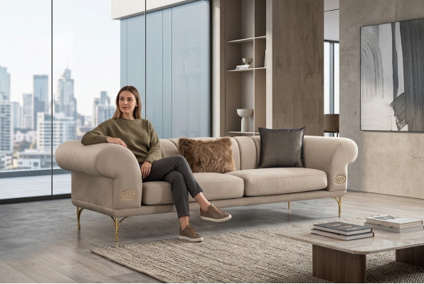 Canapé trois places de luxe beige rembourré Mobilier de salon 3 places neuf