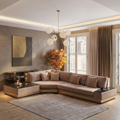Canapé d'angle design en forme de L beige Tapisserie Paysage de vie luxueux Sofa