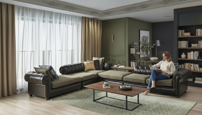 Salon Chesterfield en forme de L vert-noir Canapé Rembourré Canapés neufs