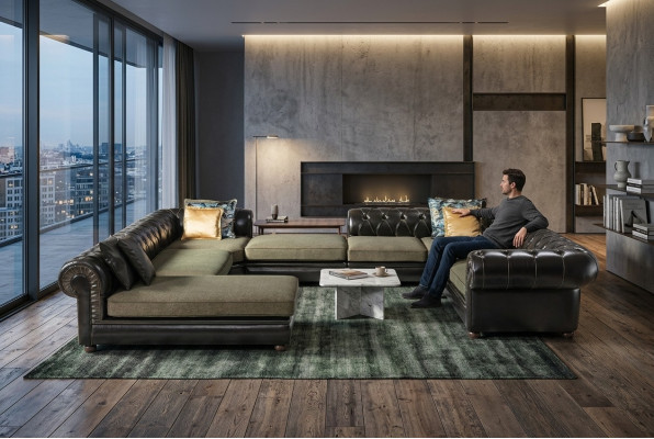 Canapé d'angle noir et vert en forme de U, rembourrage de style paysager vivant, fauteuil de luxe relaxant.