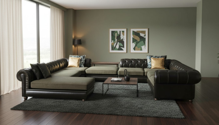 Canapé d'angle noir et vert en forme de U, rembourrage de style paysager vivant, fauteuil de luxe relaxant.