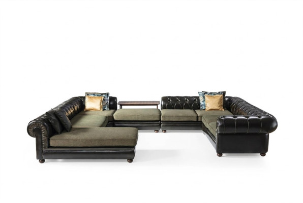 Canapé d'angle noir et vert en forme de U, rembourrage de style paysager vivant, fauteuil de luxe relaxant.