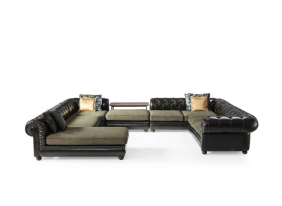 Canapé d'angle noir et vert en forme de U, rembourrage de style paysager vivant, fauteuil de luxe relaxant.
