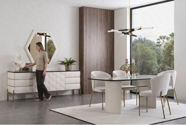 Ensemble de salle à manger élégant Table à manger grand format 4x chaises Buffet Miroir