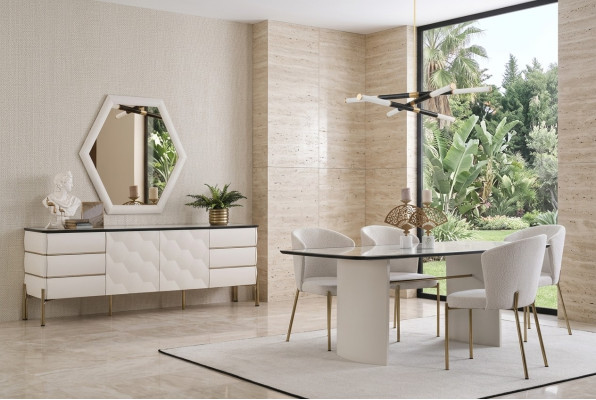 Ensemble de salle à manger élégant Table à manger grand format 4x chaises Buffet Miroir