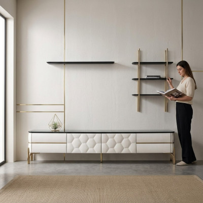 Armoire TV blanche avec designer de 2 étagères pour salon, ensemble élégant de 3 pièces neuf.