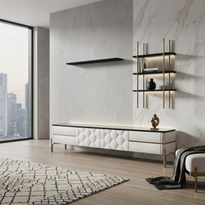 Armoire TV blanche avec designer de 2 étagères pour salon, ensemble élégant de 3 pièces neuf.