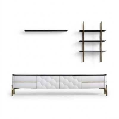 Armoire TV blanche avec designer de 2 étagères pour salon, ensemble élégant de 3 pièces neuf.