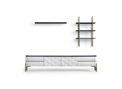 Armoire TV blanche avec designer de 2 étagères pour salon, ensemble élégant de 3 pièces neuf.