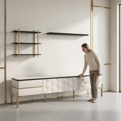 Unité murale blanche moderne, armoire TV pratique, étagères luxueuses, ensemble de 3 pièces
