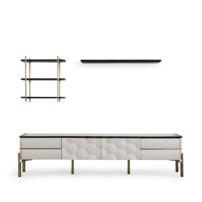Unité murale blanche moderne, armoire TV pratique, étagères luxueuses, ensemble de 3 pièces