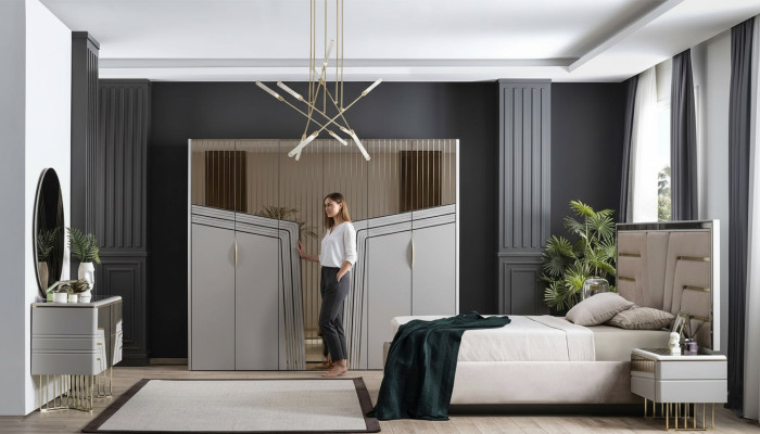 Ensemble de chambre moderne Lit de luxe 2x Tables de chevet Armoire 6 pièces.