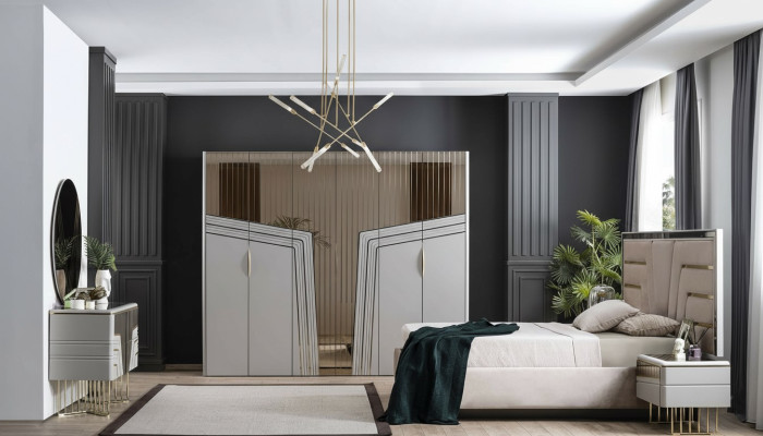 Ensemble de chambre moderne Lit de luxe 2x Tables de chevet Armoire 6 pièces.