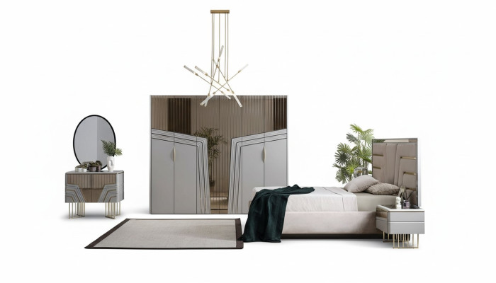 Ensemble de chambre moderne Lit de luxe 2x Tables de chevet Armoire 6 pièces.