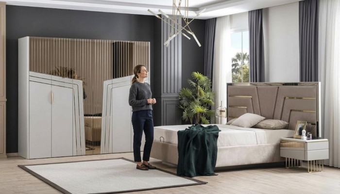 Jeu de chambre moderne Ensemble de chambre à coucher Lit designer 2x tables de chevet Armoire
