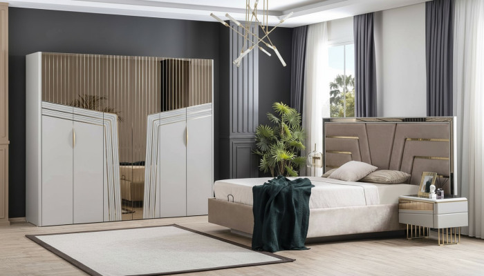 Jeu de chambre moderne Ensemble de chambre à coucher Lit designer 2x tables de chevet Armoire