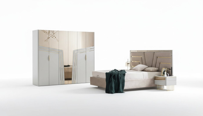 Jeu de chambre moderne Ensemble de chambre à coucher Lit designer 2x tables de chevet Armoire