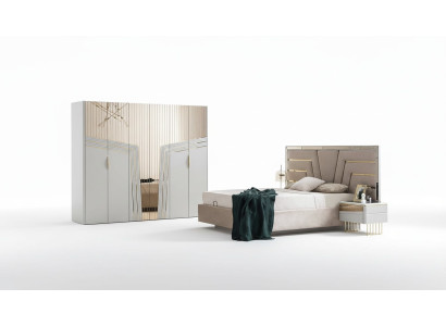 Jeu de chambre moderne Ensemble de chambre à coucher Lit designer 2x tables de chevet Armoire