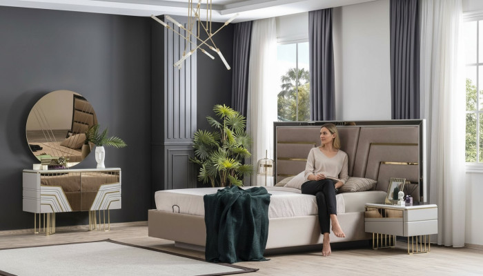 Ensemble de chambre à coucher Lit 2x Tables de chevet Commode Miroir Ensemble de luxe 5 pièces