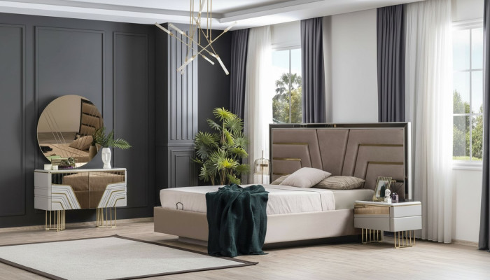 Ensemble de chambre à coucher Lit 2x Tables de chevet Commode Miroir Ensemble de luxe 5 pièces