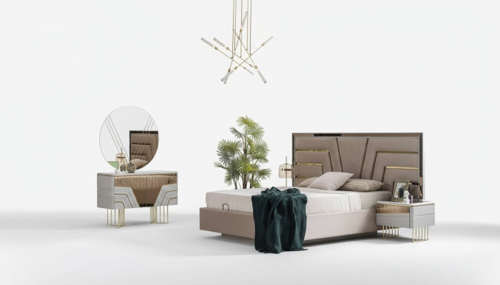 Ensemble de chambre à coucher Lit 2x Tables de chevet Commode Miroir Ensemble de luxe 5 pièces