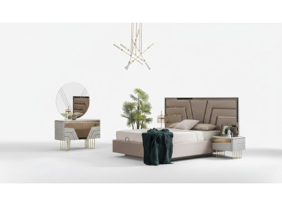Ensemble de chambre à coucher Lit 2x Tables de chevet Commode Miroir Ensemble de luxe 5 pièces