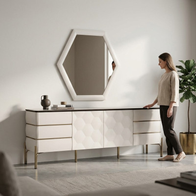 Salle à manger moderne Ensemble de meubles de designer Buffet blanc Grand miroir 2 pièces