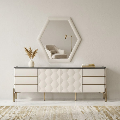 Salle à manger moderne Ensemble de meubles de designer Buffet blanc Grand miroir 2 pièces
