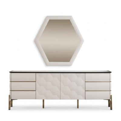 Salle à manger moderne Ensemble de meubles de designer Buffet blanc Grand miroir 2 pièces