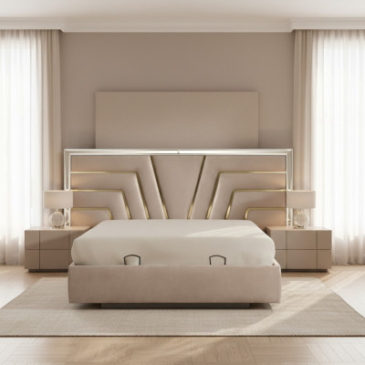 Chambre beige Lit double Cadre en bois stable Revêtement design du lit