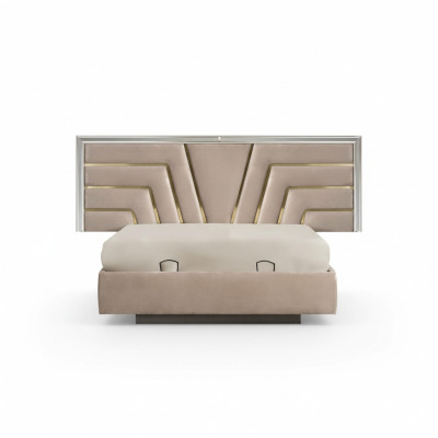 Chambre beige Lit double Cadre en bois stable Revêtement design du lit