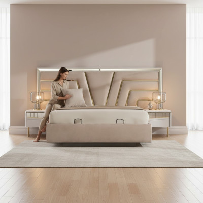 Chambre Beige Lit Designer 2x Tables de chevet Stivoller Set 3 pièces