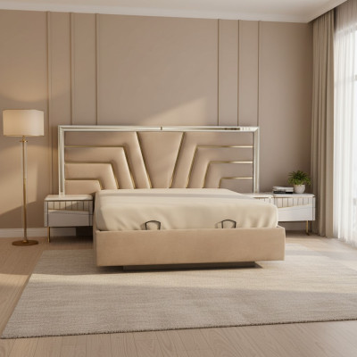 Chambre Beige Lit Designer 2x Tables de chevet Stivoller Set 3 pièces