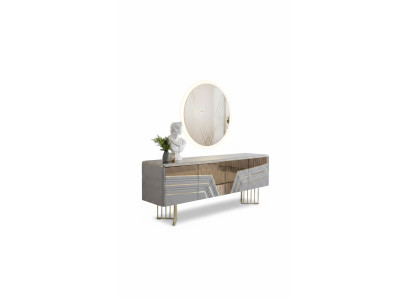 Buffet moderne en argent, miroir rond avec éclairage LED, ensemble de 2 pièces de design