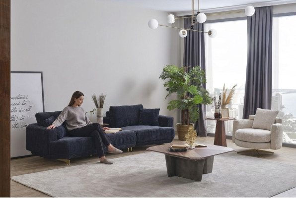 Trois places bleu Fauteuil blanc Ensemble de canapés de salon Design 2 pièces