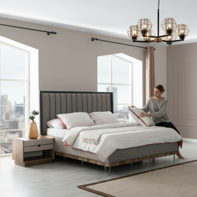Ensemble de chambre grise Luxe Lit 2x Tables de chevet Élégante Suite