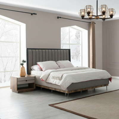 Ensemble de chambre grise Luxe Lit 2x Tables de chevet Élégante Suite