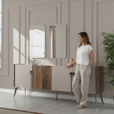 Moderne Suite de Luxe Beige Buffet 2x Miroir Meuble en Bois Buffet