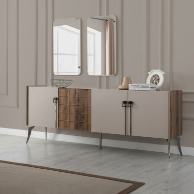 Moderne Suite de Luxe Beige Buffet 2x Miroir Meuble en Bois Buffet