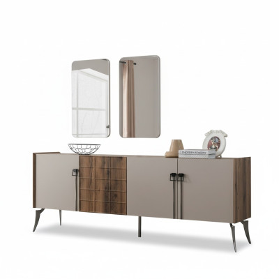Moderne Suite de Luxe Beige Buffet 2x Miroir Meuble en Bois Buffet