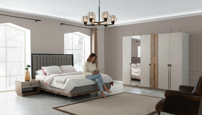 Chambre Suite moderne Textile Lit double Bois Armoire 4 pièces
